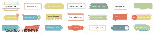 Set of vector text boxes, banners, lower thirds, frames, and speech bubble design elements featuring colorful pastel fills, geometric outlines, and placeholder sample text, isolated on a white backgro