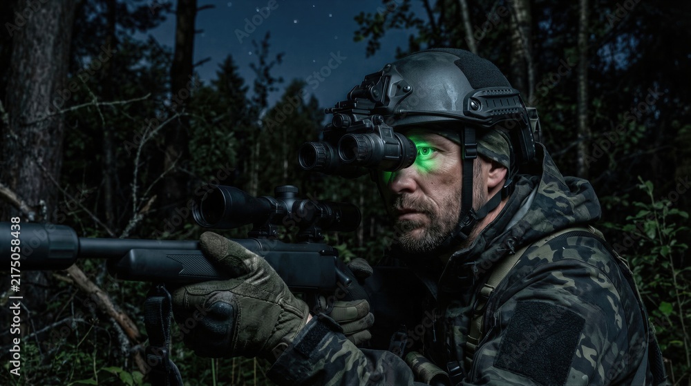 Fototapeta premium Man soldier using night vision device in dark forest. Tactical military reconnaissance with thermal imager. Armed commando officer during night observation and special operation mission.
