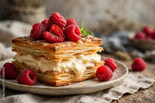 Mille Feuille Pastry with Vanilla Cream and Raspberries