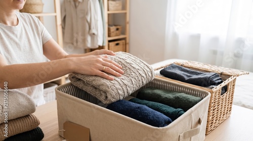 Woman folding knitted sweater into storage basket. Seasonal wardrobe organization and winter clothes storage at home. Tidying up and decluttering concept for household chore.
