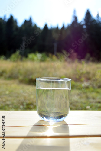 Photography Glass of pure water on wooden table in sunny forest