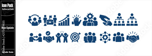 Teamwork and business partnership solid blue icons showcasing corporate collaboration and effective leadership. Minimalist new update icon vector