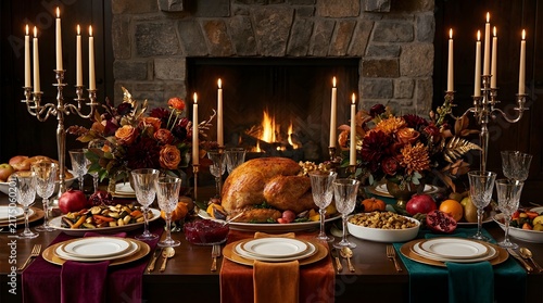 Thanksgiving dinner table with roasted turkey, candles, and autumn floral centerpieces in front of a fireplace