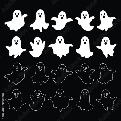Photography Set of cute white cartoon ghosts with various expressions isolated on a black ba