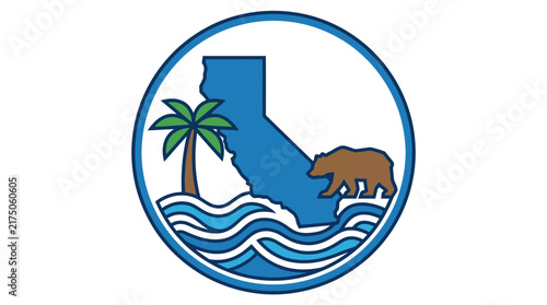California state icon badge with bear silhouette palm tree and ocean wave design elements for regional branding and commemorative graphics