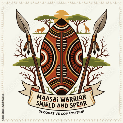 Traditional African Maasai warrior shield and spear decorative composition