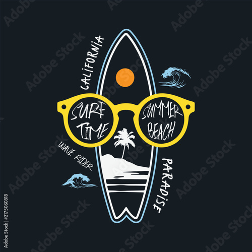California Surfing Graphic with Surfboard and Retro Summer Sunglasses
