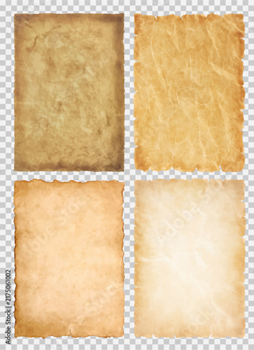 Set of four vintage parchment paper sheets with rough edges and antique textures, isolated on transparent background.