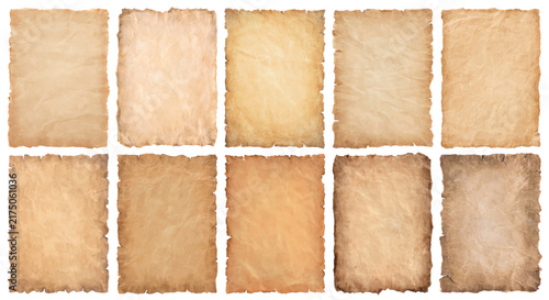 Set of vintage parchment sheets with aged textures, burnt edges and antique paper appearance.