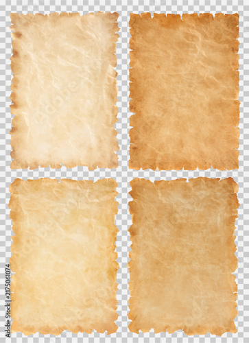 Set of four vintage parchment paper sheets with rough edges and antique textures, isolated on transparent background.
