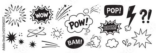 Hand drawn comic speech bubble set, explosion burst sound effect line pop art doodle bundle vector