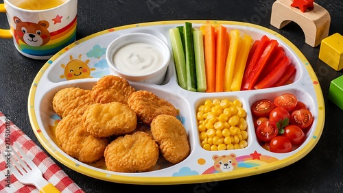 Colorful Kids' Meal with Chicken Nuggets and Fresh Vegetables