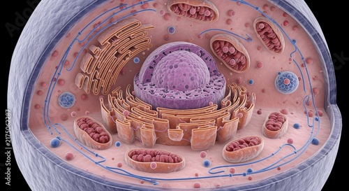 Eukaryotic cell model displays internal anatomy with nucleus and cellular organelles in high detail.
