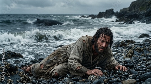 Prophet Jonah crawling onto rocky seashore as the great fish swims away in rough waves, Jonah and the Whale Old Testament biblical scene.