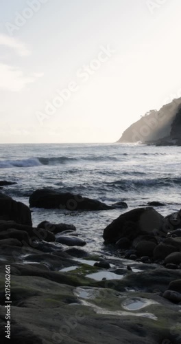 Rocky Atlantic ocean coast in Asturias, Spain at sunset