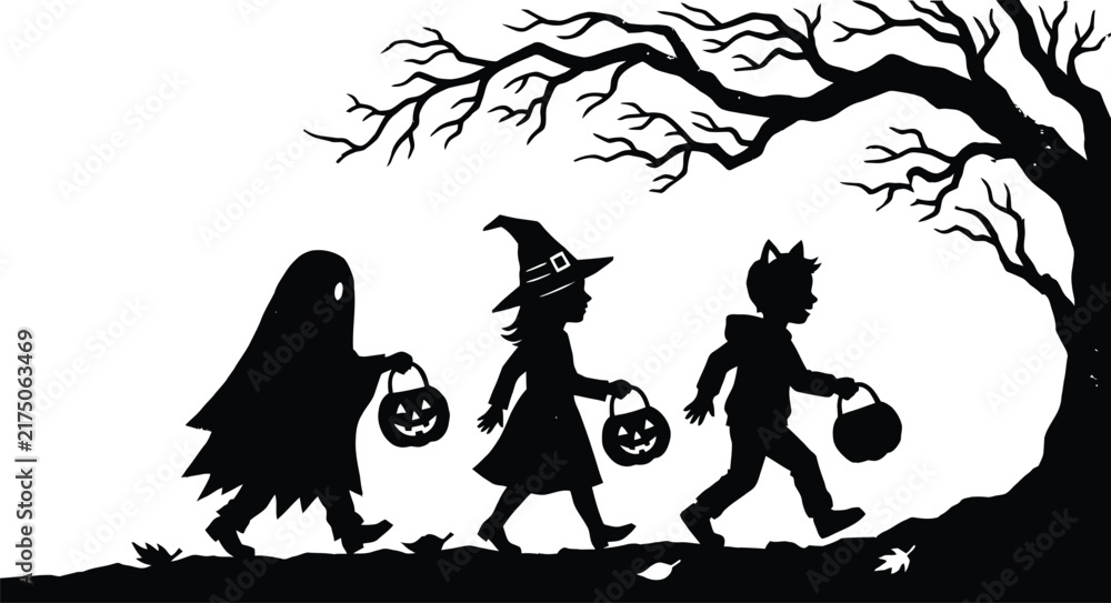 Fototapeta premium Halloween trick or treaters walking with baskets under a spooky tree silhouette