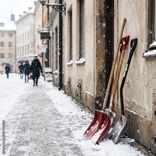 Snow shovels leaning on brick wall of old town street during snowfall. Winter snow removal service concept. City cleaning after blizzard in historic European town.