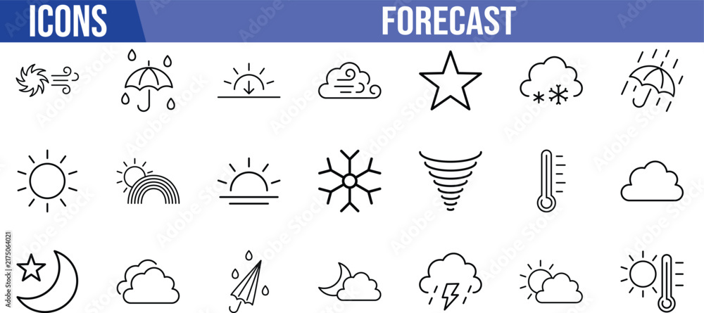 Fototapeta premium Weather forecast outline vector icons. sun icon set, cloud icon set, umbrella icon set