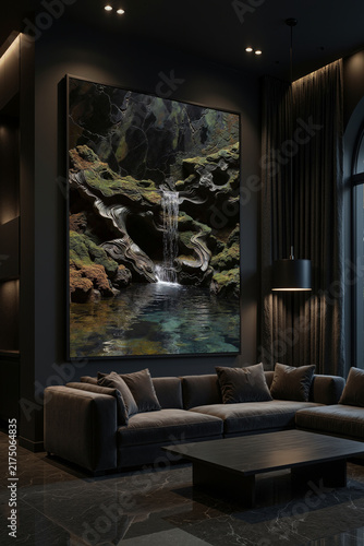 Art piece of a waterfall and rocks displayed in a modern living room with dark colors in the evening