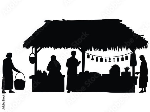 Market Stall with People Silhouette Illustration