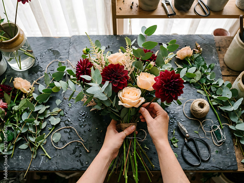 Florist arranging a bouquet of fresh dahlias and roses on a rustic dark stone worktable