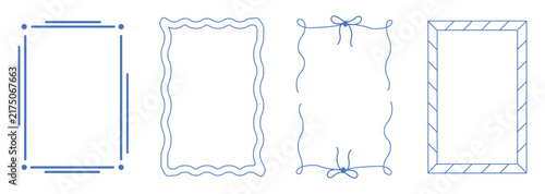 Hand drawn frame border line set, cute wavy ribbon bow doodle rectangle border for invitation vector