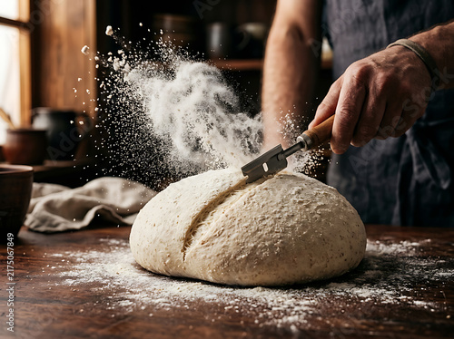 Baker scoring sourdough bread dough with flour dusting in a rustic kitchen