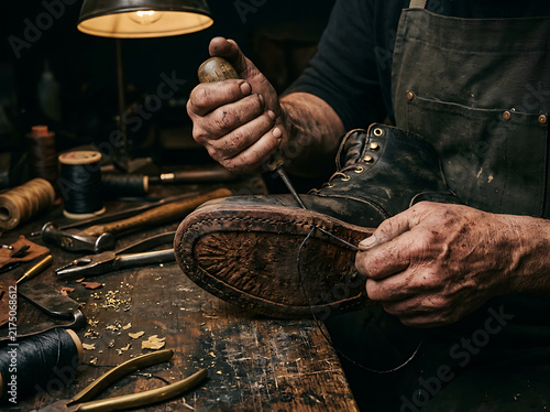 Professional cobbler stitching a leather work boot in a traditional workshop studio.