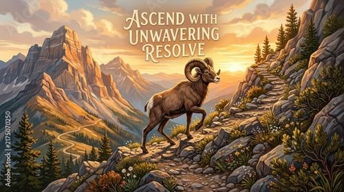 Majestic ram climbing a rocky mountain trail towards sunlit peaks, symbolizing determination and perseverance