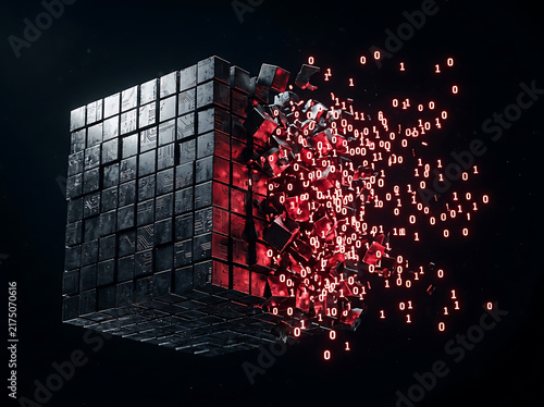 Metallic cube dissolving into glowing red binary code particles on black background