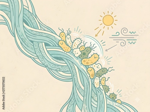Illustration of resistant Moraxella bacteria surviving sunlight, UV rays, and dry wind on woven fabric fibers.