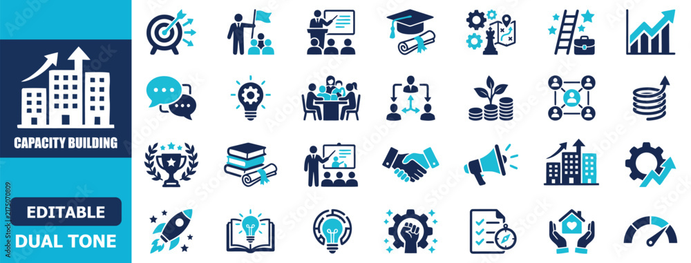 Naklejka premium Dual tone capacity building icon set featuring leadership, education, teamwork, growth, mentoring, and skill development concepts