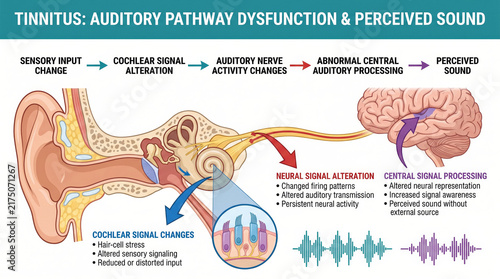 Naklejka Understanding tinnitus and the auditory pathway's complex signal processing