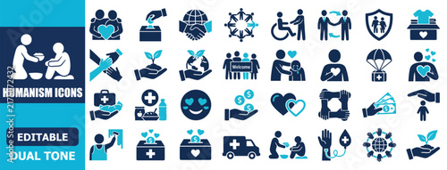 Obraz na plátně Dual tone humanism icon set featuring charity, donation, community support, comp