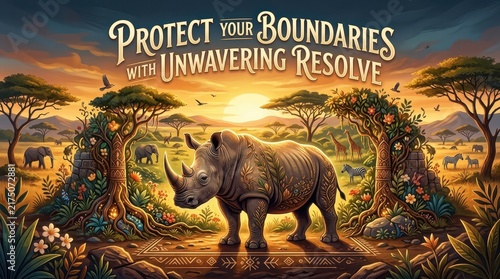 Majestic rhinoceros stands guard in African savanna landscape at sunset, symbolizing protection and resilience