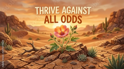 Obraz na płótnie Resilient Flower Thriving in a Harsh Desert Landscape Symbolizing Hope and Perseverance Against All Odds