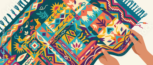 Colorful geometric patterned textile fabric with fringe.