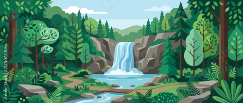 Scenic Waterfall Flowing Through Rocky Forest Landscape.