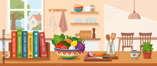 Colorful kitchen interior with fresh vegetables and cookbooks.