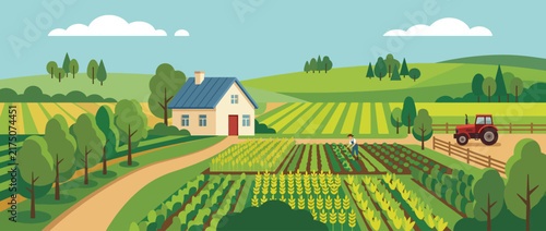 Cartoon illustration of a rural farm landscape with fields and a tractor.