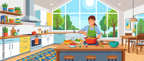 Woman Preparing Food in Bright Modern Kitchen Interior.