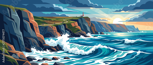 Dramatic coastal cliffs with crashing ocean waves at sunset.