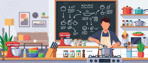 Woman Cooking In Modern Kitchen With Chalkboard.