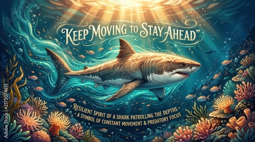 Majestic shark swimming in vibrant coral reef with sunbeams piercing the ocean, symbolizing resilience and constant movement