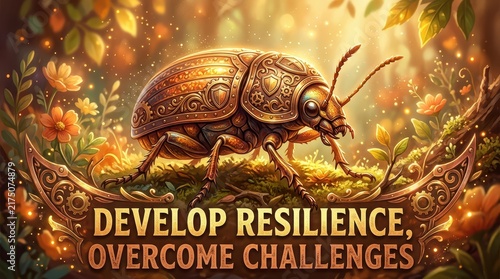 Ornate mechanical beetle symbolizing resilience and overcoming challenges amidst a fantasy forest with glowing flowers and leaves