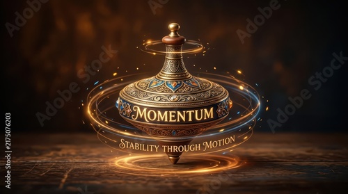 Ornate spinning top symbolizing momentum and stability through motion, with glowing energy trails on a wooden surface, abstract concept