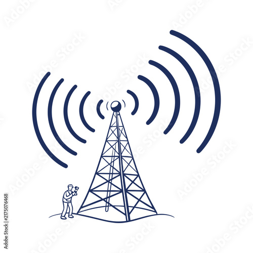 Drawn antenna tower broadcasting signals with a person holding a device below it