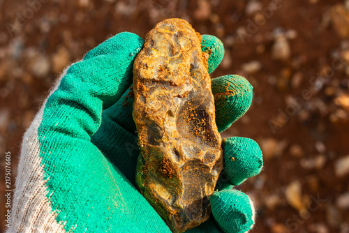 Bild auf Leinwand Close-up of a rough flint stone held by a hand in a green work glove at a rocky