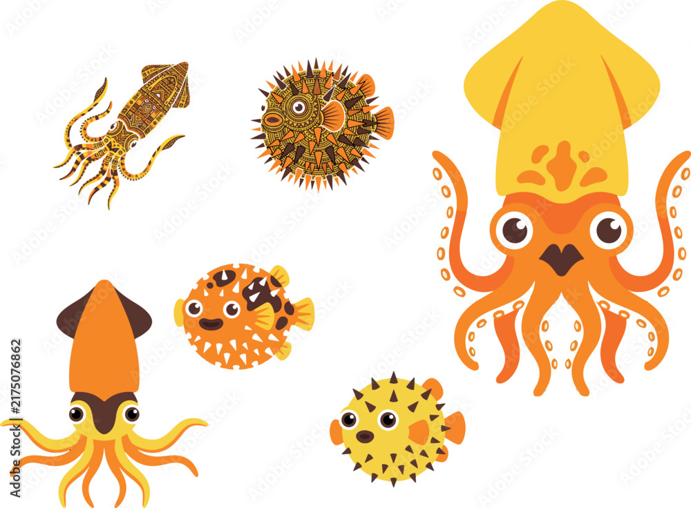 Obraz premium Cute cartoon squid and pufferfish vector characters set