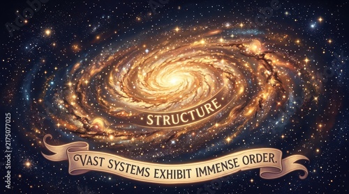 Majestic Spiral Galaxy with Text 'Structure' and Banner 'Vast Systems Exhibit Immense Order' in Deep Space